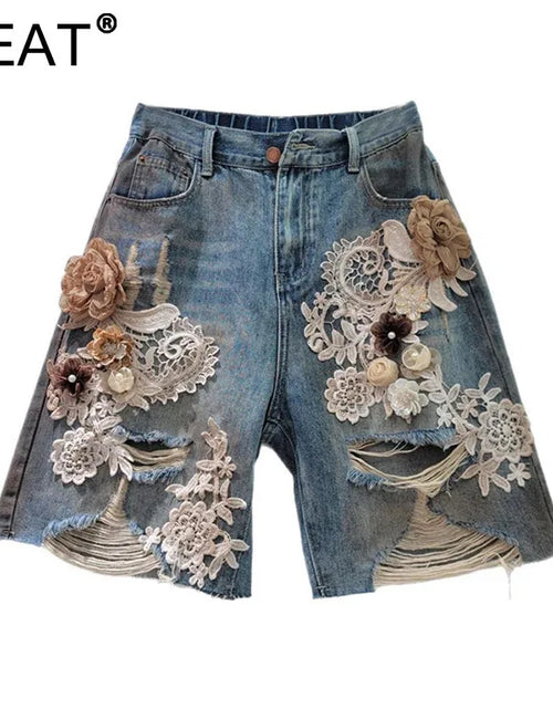 Load image into Gallery viewer, Women's Denim Shorts Elastic Waist Distressed Patchwork Lace Flowers 2026 Summer New Fashion
