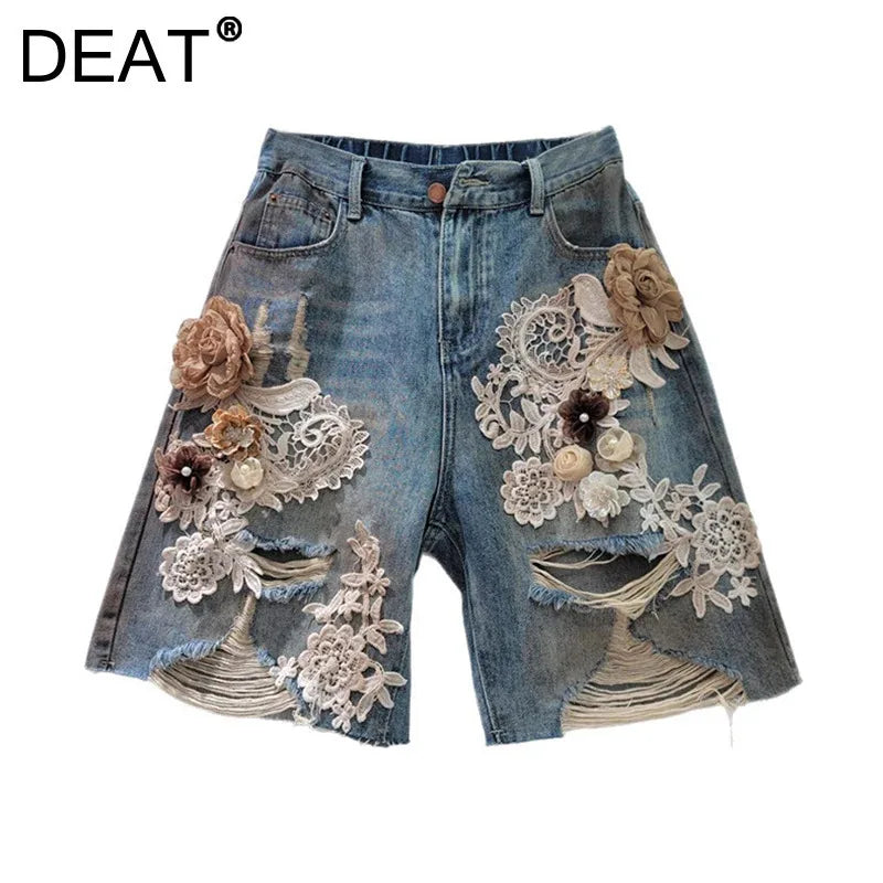 Women's Denim Shorts Elastic Waist Distressed Patchwork Lace Flowers 2026 Summer New Fashion