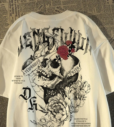 Women's New pure cotton American retro skull print T-shirt with round neck and short sleeve