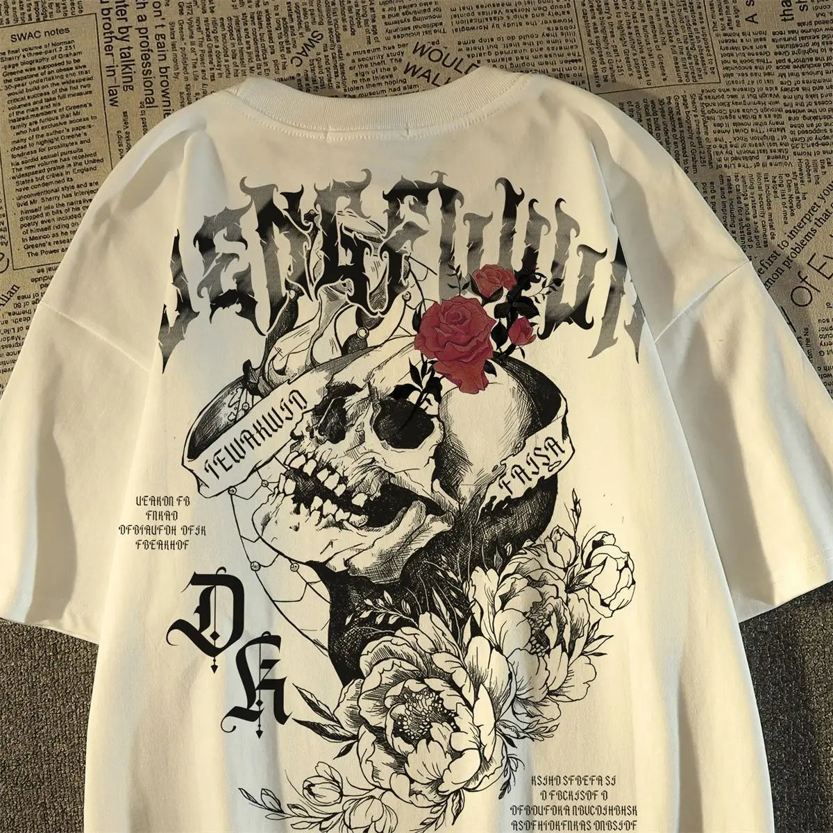 Women's New pure cotton American retro skull print T-shirt with round neck and short sleeve