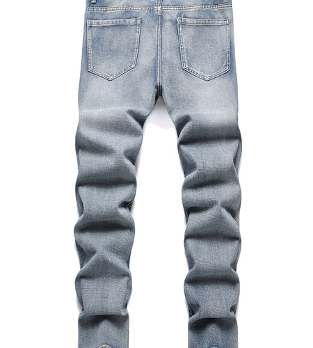 Men's Straight Vintage Washed Distressed Blue Ripped Jeans with Cross Star Design