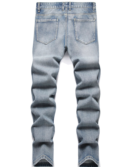 Load image into Gallery viewer, Men's Straight Vintage Washed Distressed Blue Ripped Jeans with Cross Star Design
