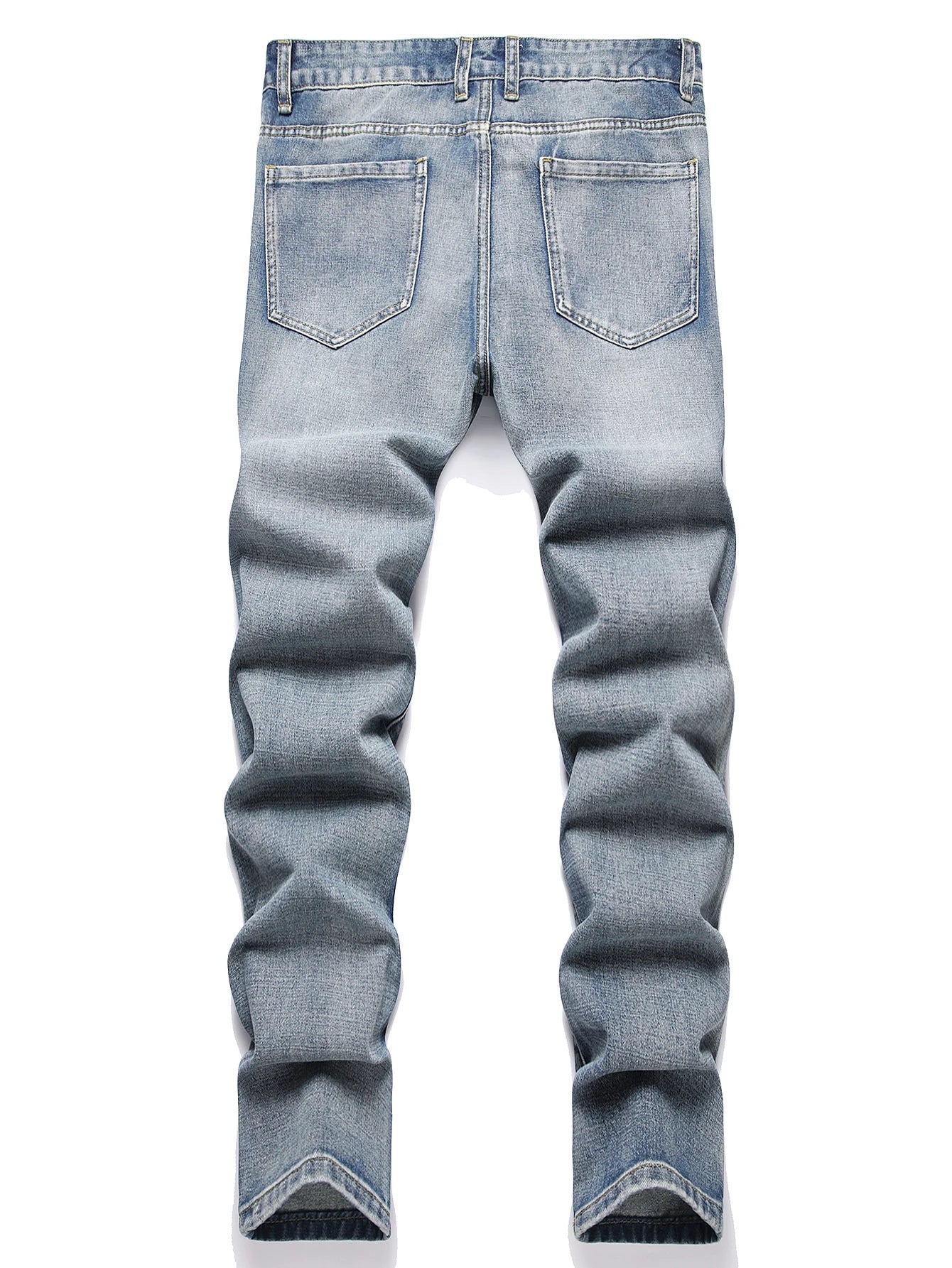 Men's Straight Vintage Washed Distressed Blue Ripped Jeans with Cross Star Design