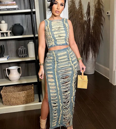 Streetwear Ripped Hole Denim Two Piece Set for Women Sleeveless Crop Top and Side Slit Long Skirt Sets Jean