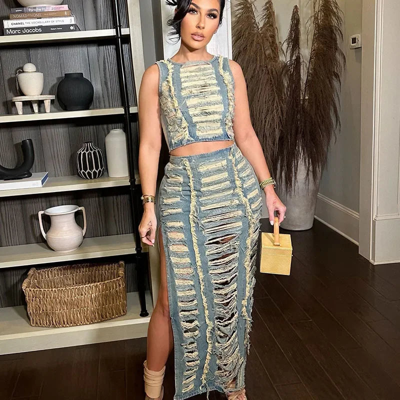 Streetwear Ripped Hole Denim Two Piece Set for Women Sleeveless Crop Top and Side Slit Long Skirt Sets Jean