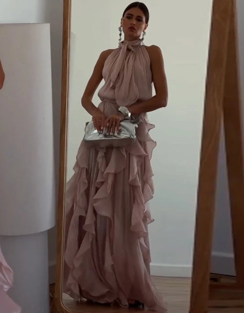 Load image into Gallery viewer, Women's Sleeveless Halter Neck Ruffle Maxi Dress Elegant Chiffon Tiered Waist Cinching Ankle-Length Solid Color Party Dress
