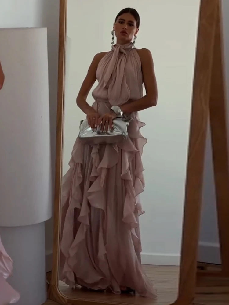 Women's Sleeveless Halter Neck Ruffle Maxi Dress Elegant Chiffon Tiered Waist Cinching Ankle-Length Solid Color Party Dress
