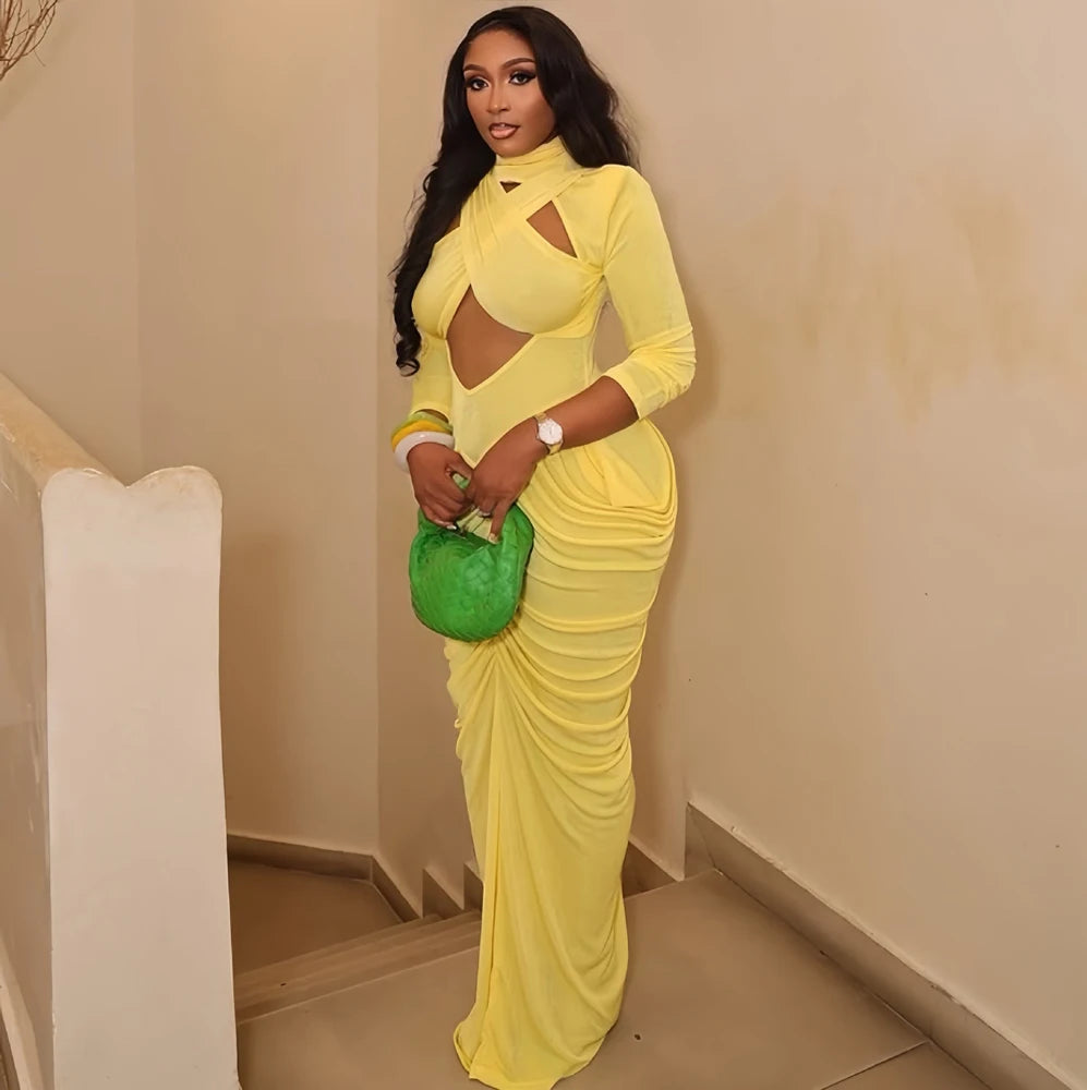 Women's High Neck Solid Full Sleeve Hollow Out Scrunch Maxi Dress New Arrivals 2026 Sexy  Long Dresses