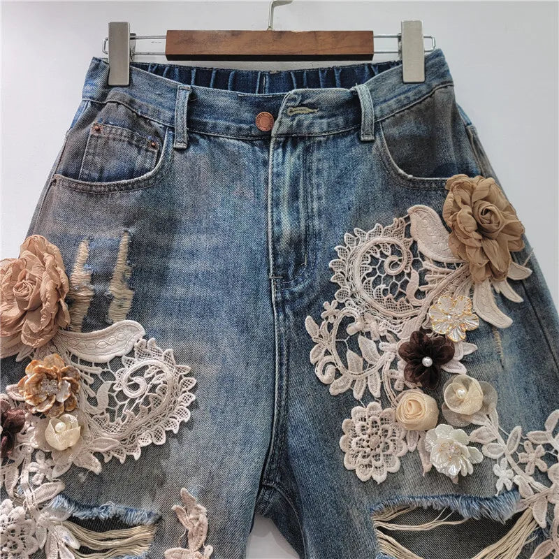 Women's Denim Shorts Elastic Waist Distressed Patchwork Lace Flowers 2026 Summer New Fashion