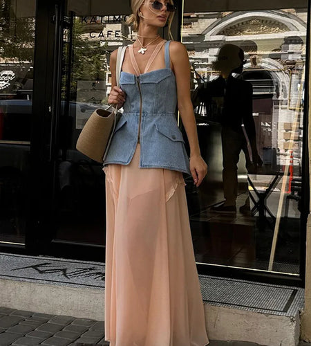 Women's Sleeveless Denim Vest Backless Zippers Tank Top with Pocket Summer 2026 Spring