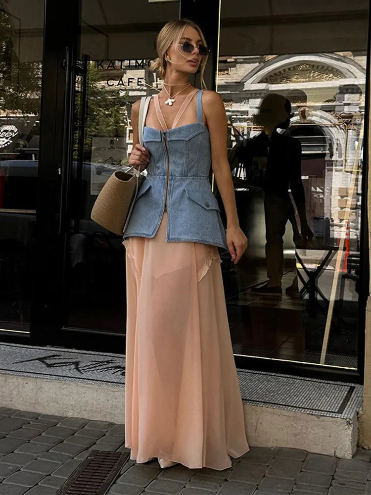 Women's Sleeveless Denim Vest Backless Zippers Tank Top with Pocket Summer 2026 Spring