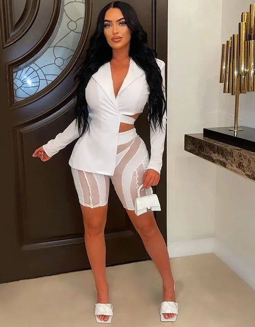 Load image into Gallery viewer, Two Piece Club Outfits Women Sexy Asymmetric Blazer and Mesh Shorts Leggings Matching Sets
