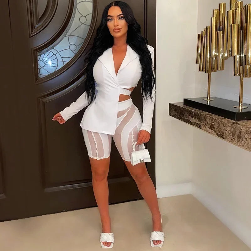 Two Piece Club Outfits Women Sexy Asymmetric Blazer and Mesh Shorts Leggings Matching Sets