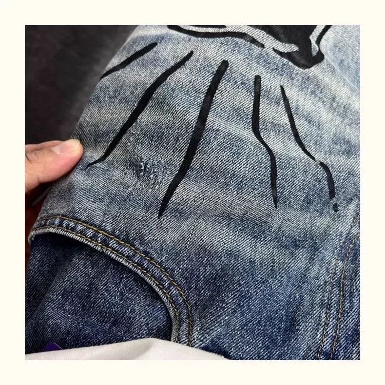 Men's Retro American Street Hip Hop Flame Skull Print Jeans