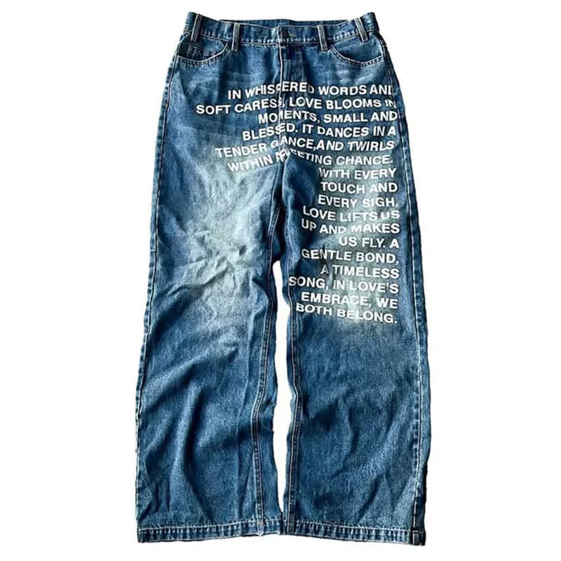 Men's retro Unique patterned alphabet  jeans personalized street clothing