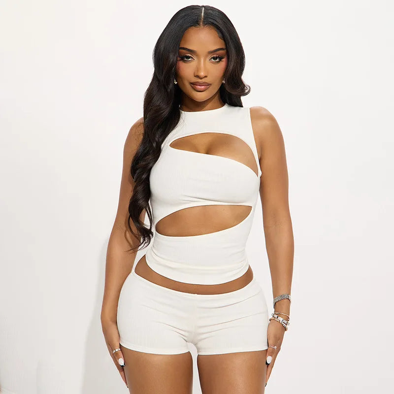 Women's Sexy Hollow-out Two Piece Sets Sleeveless Crop Top + Shorts