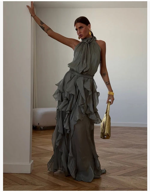 Load image into Gallery viewer, Women's Sleeveless Halter Neck Ruffle Maxi Dress Elegant Chiffon Tiered Waist Cinching Ankle-Length Solid Color Party Dress
