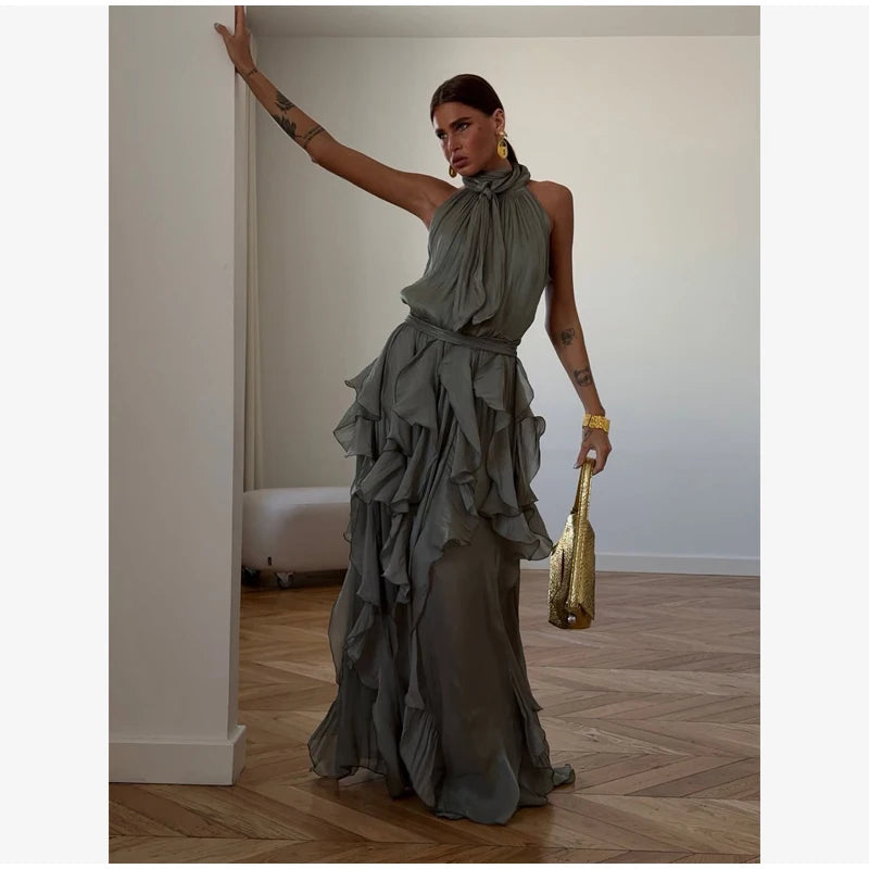 Women's Sleeveless Halter Neck Ruffle Maxi Dress Elegant Chiffon Tiered Waist Cinching Ankle-Length Solid Color Party Dress