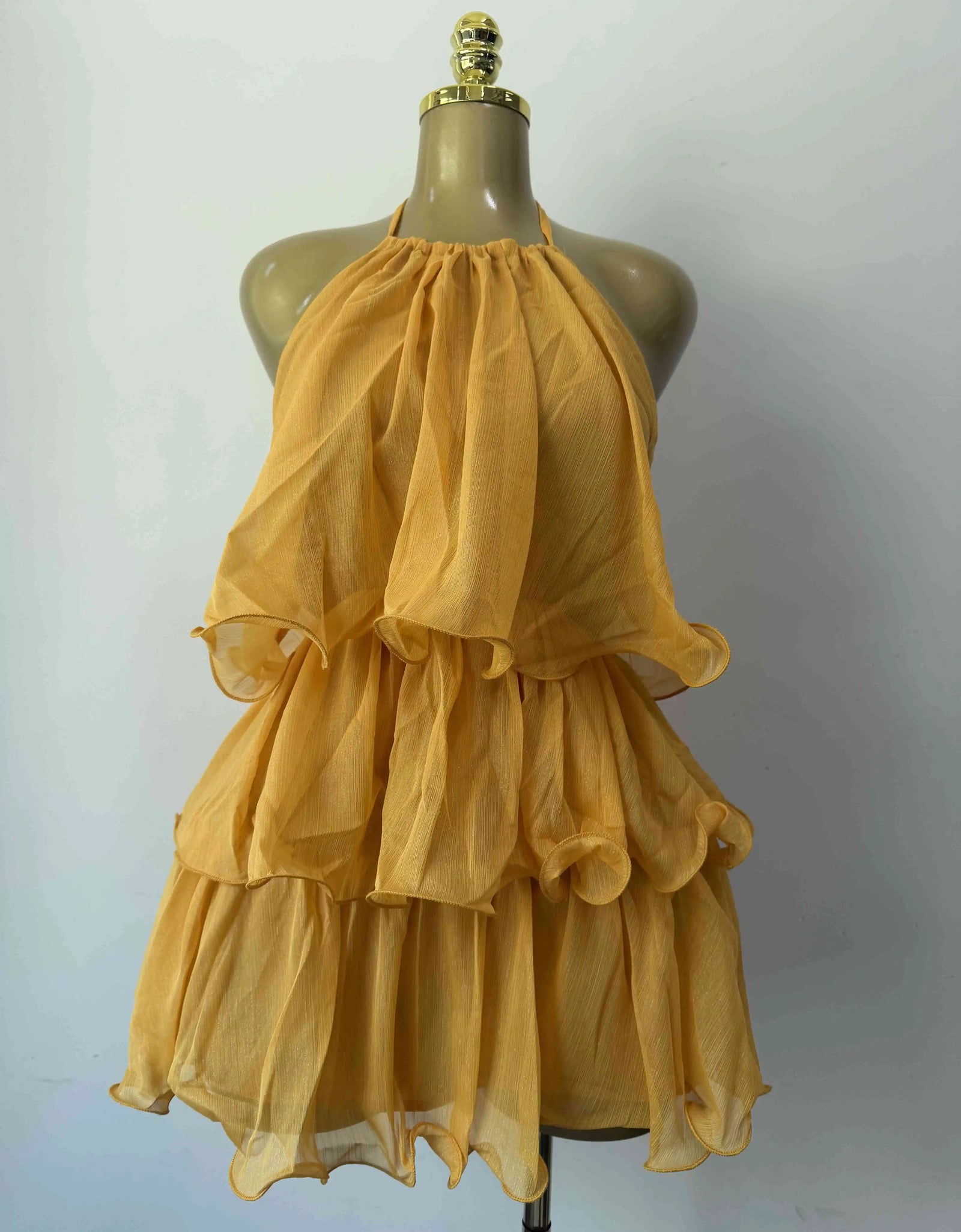 Women Summer Backless Yellow  Dress Sexy Halter  Ruffles Tiered Mini Beach Dress 2026
