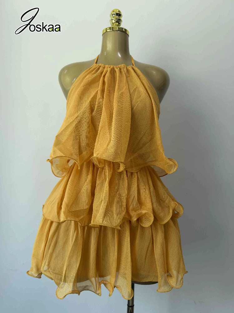 Women Summer Backless Yellow  Dress Sexy Halter  Ruffles Tiered Mini Beach Dress 2026