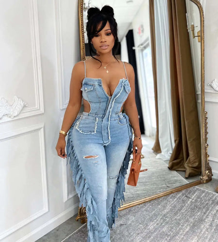 Women's Hollow Out Tassel Jeans Jumpsuit with Spaghetti Strap
