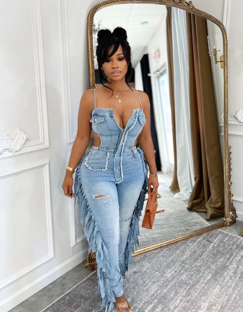 Load image into Gallery viewer, Women's Hollow Out Tassel Jeans Jumpsuit with Spaghetti Strap
