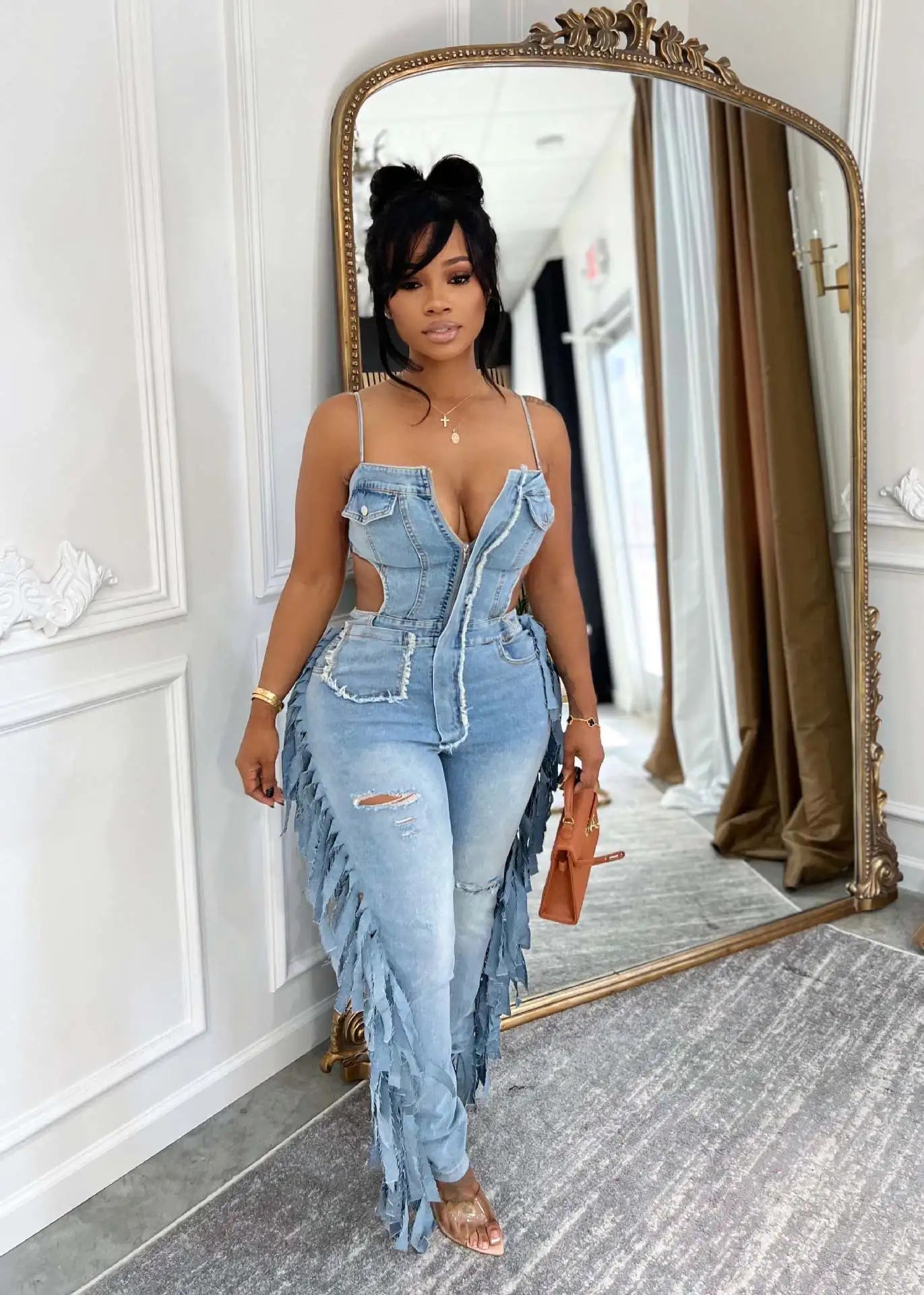 Women's Hollow Out Tassel Jeans Jumpsuit with Spaghetti Strap