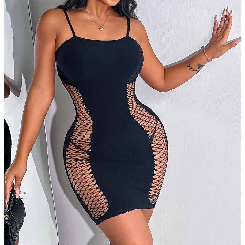 1PC Women Sexy Fishnet Hollow Out Bodycon Dress See Through
