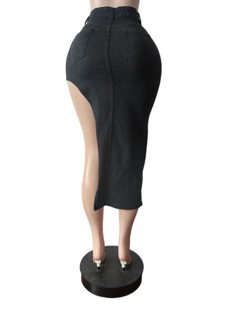 Load image into Gallery viewer, Women's Letter Embroidery Asymmetrical Denim Skirt Vintage Button Fly High Waist Stretch Jeans Calf-length
