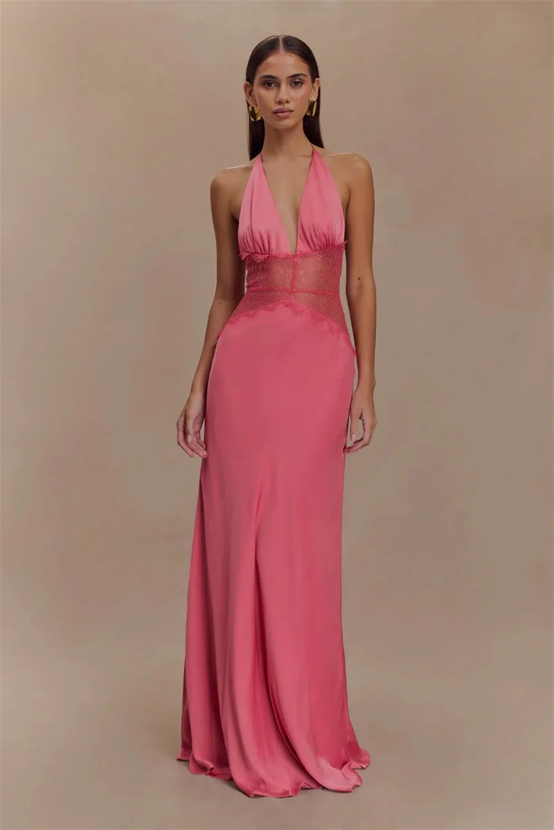 Summer Sexy Maxi Dress Women's Backless Lace Halter Deep V Neck Sleeveless High Waist Elegant Long Gown Floor-Length Polyester