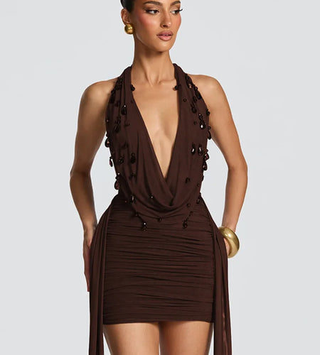Women's Halter Deep V Neck Backless Sexy Mini Dress