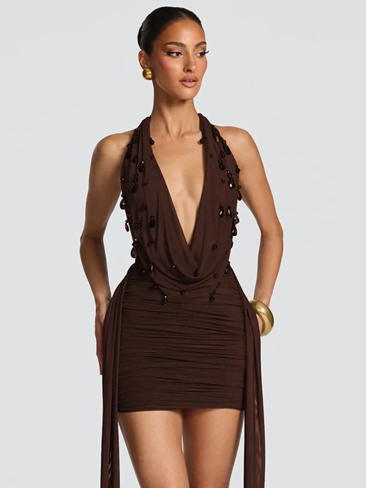 Women's Halter Deep V Neck Backless Sexy Mini Dress