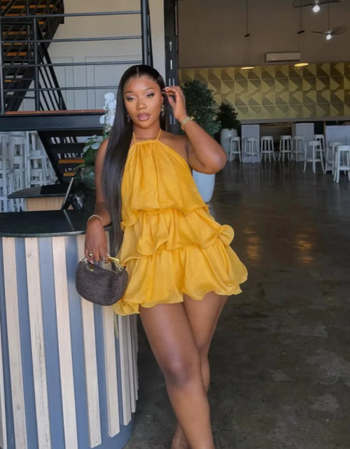Load image into Gallery viewer, Women Summer Backless Yellow  Dress Sexy Halter  Ruffles Tiered Mini Beach Dress 2026
