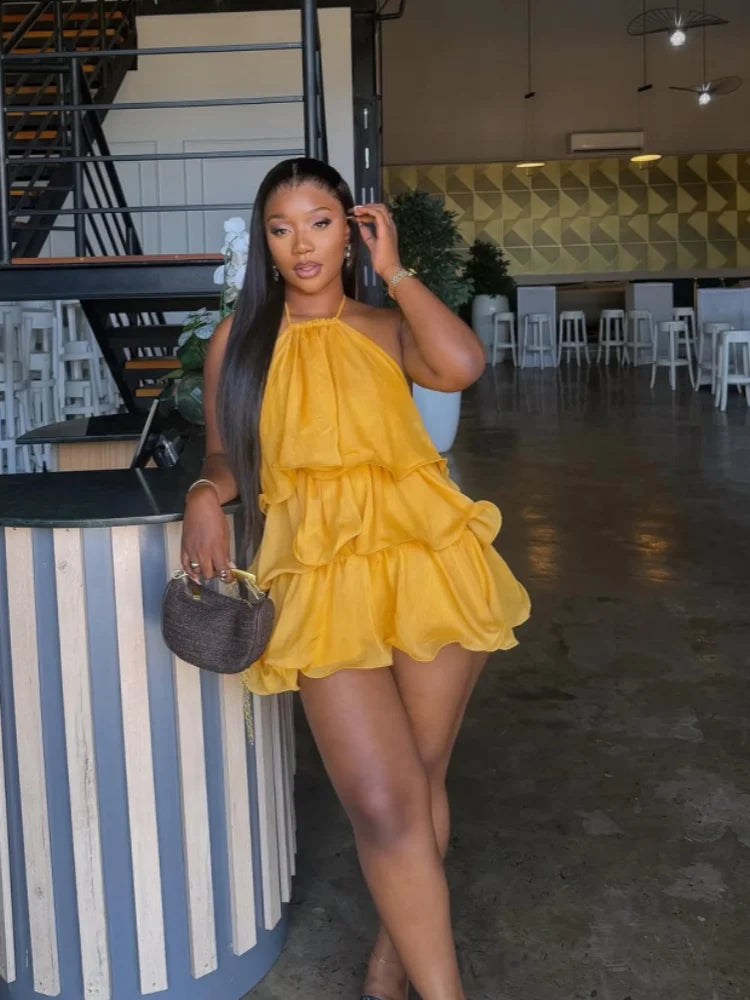 Women Summer Backless Yellow  Dress Sexy Halter  Ruffles Tiered Mini Beach Dress 2026
