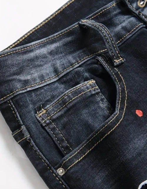 Load image into Gallery viewer, Men Stretchy Denim jeans Ripped Skinny Letter Print Slightly Distressed Slim Fit Denim Hip Hop Trousers

