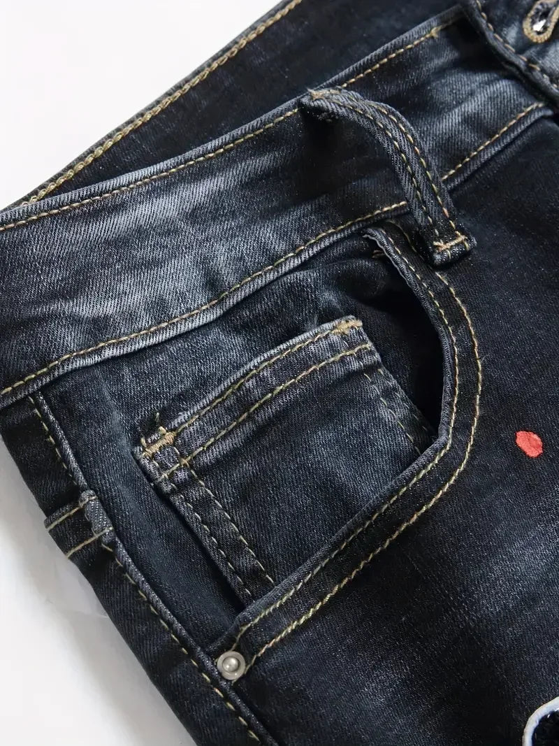 Men Stretchy Denim jeans Ripped Skinny Letter Print Slightly Distressed Slim Fit Denim Hip Hop Trousers