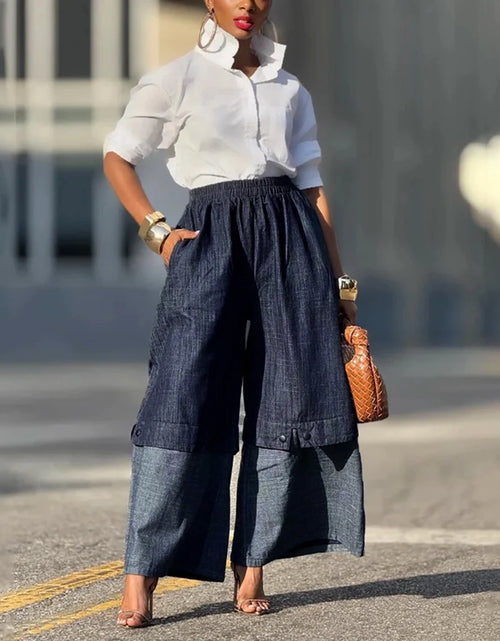 Load image into Gallery viewer, Urban Female Streetwear Layered Denim Wide Leg Pants Loose Elastic High Waisted Pockets Baggy Trousers
