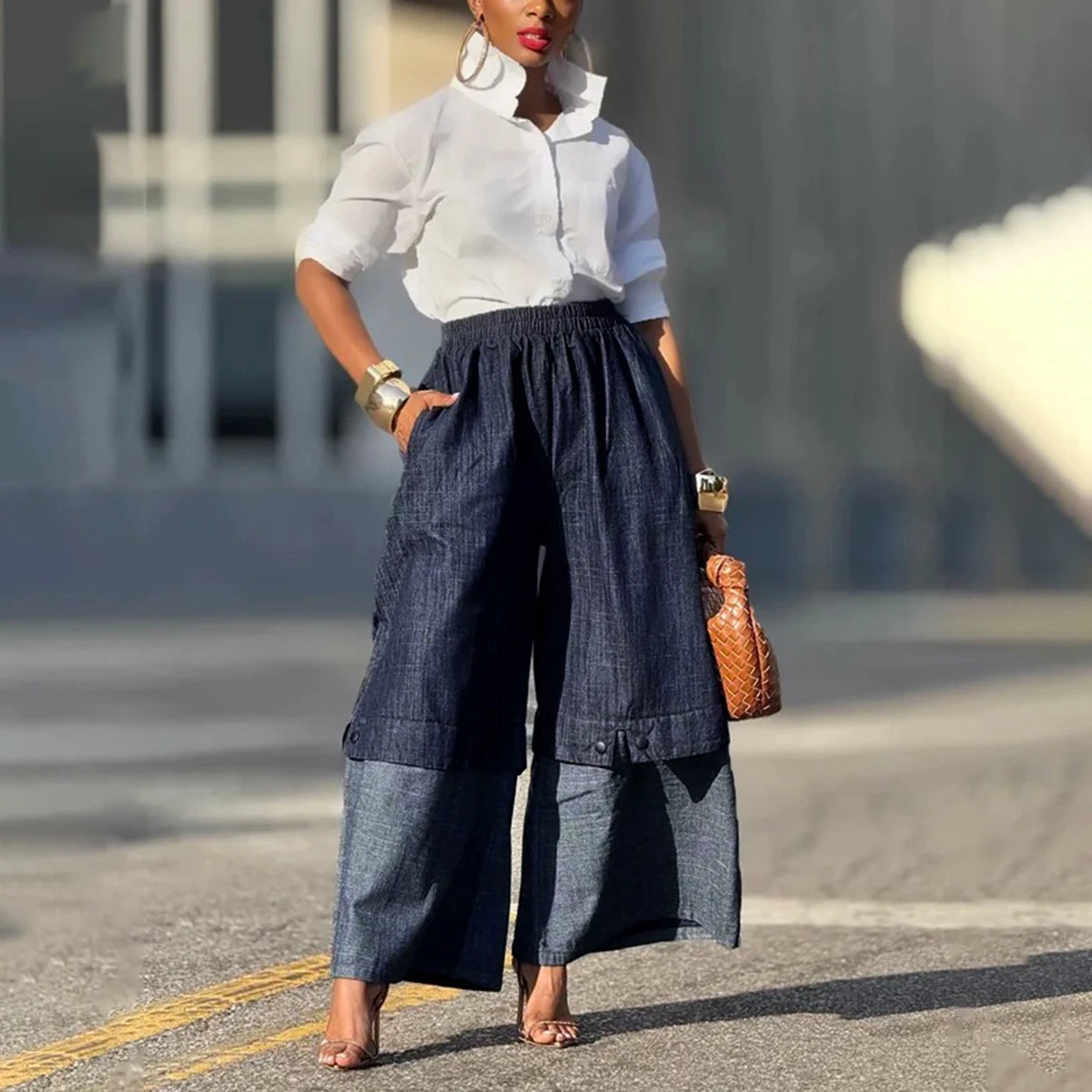 Urban Female Streetwear Layered Denim Wide Leg Pants Loose Elastic High Waisted Pockets Baggy Trousers