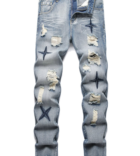 Men's Straight Vintage Washed Distressed Blue Ripped Jeans with Cross Star Design