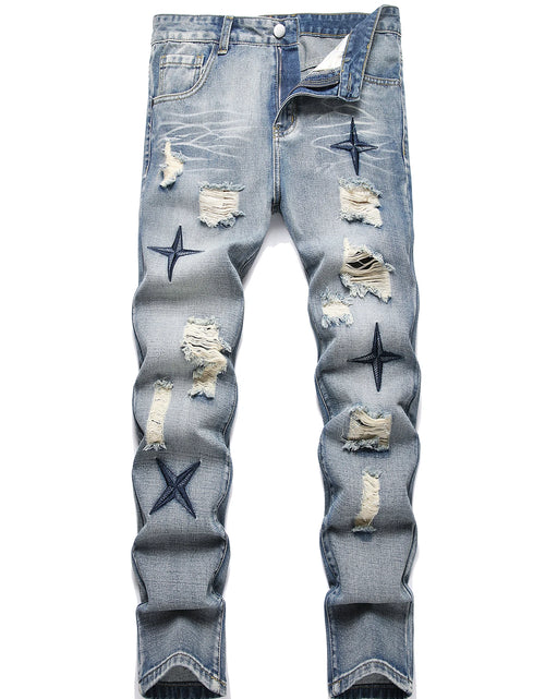 Load image into Gallery viewer, Men's Straight Vintage Washed Distressed Blue Ripped Jeans with Cross Star Design
