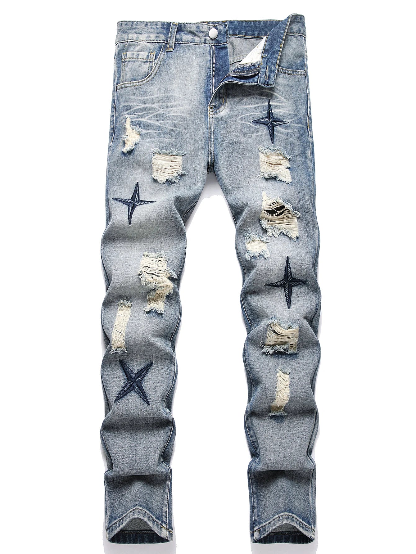 Men's Straight Vintage Washed Distressed Blue Ripped Jeans with Cross Star Design