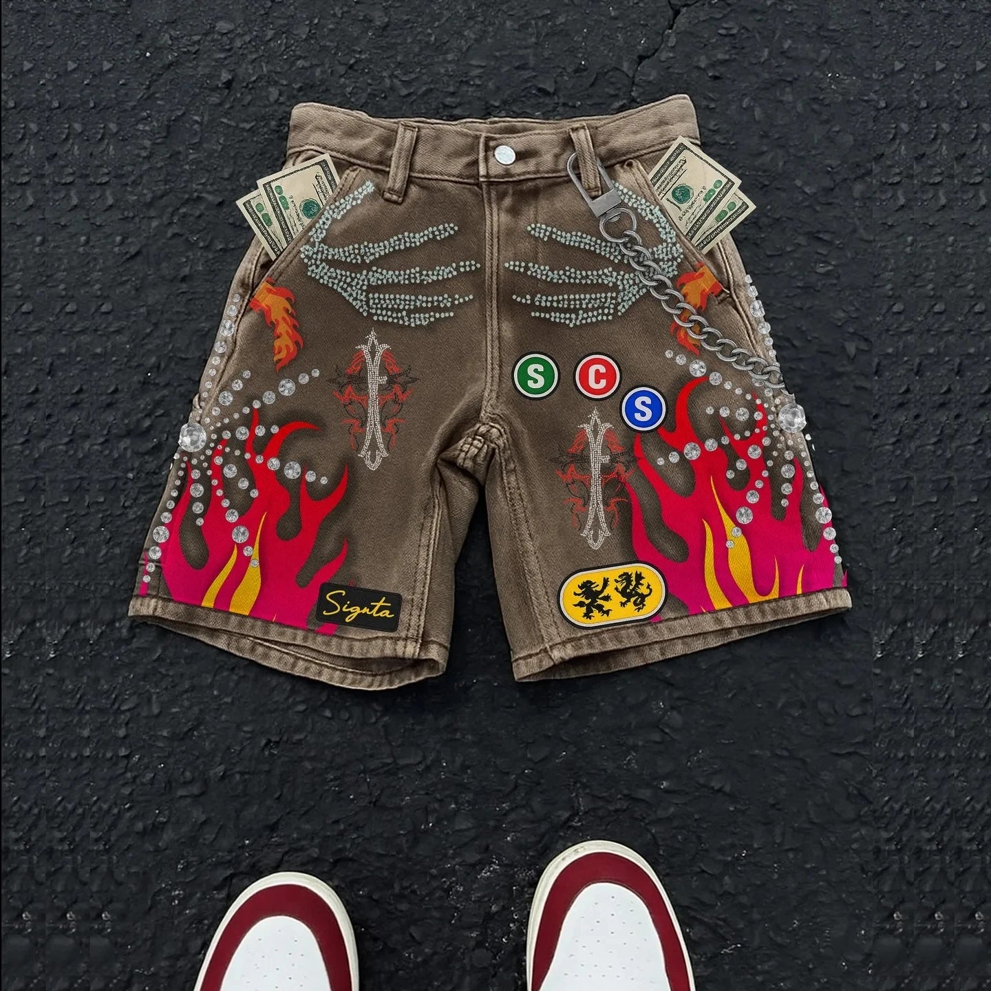 Embroidered Shorts Y2K Streetwear Men Hip Hop Baggy Denim Shorts