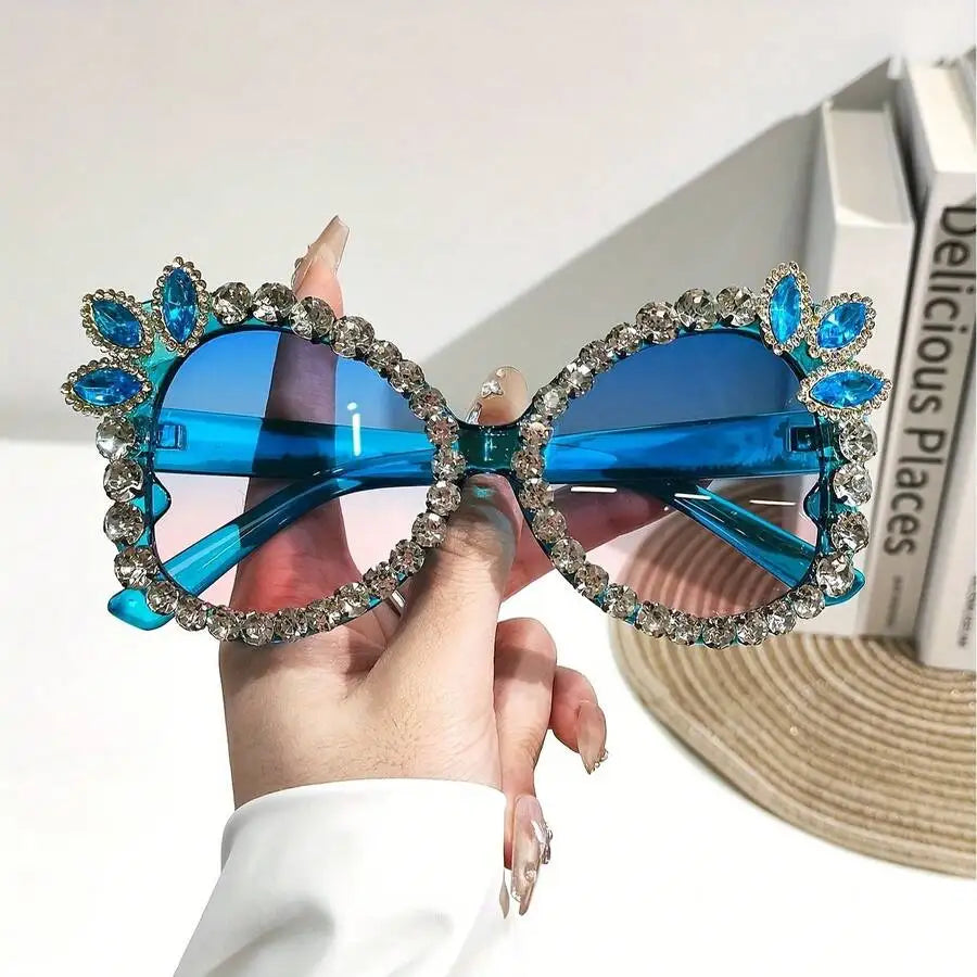 Womens Extra Large Rhinestone Floral Party Sunglasses Gradient Pink Purple Lens