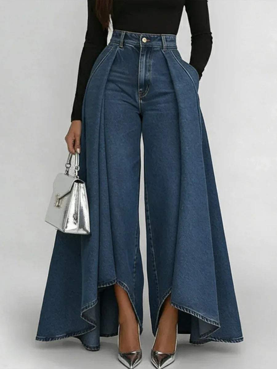 New Women's High Waist Casual Wide Leg Jeans Overlay Flare Denim Pants with Pockets Fashionable Baggy Jeans