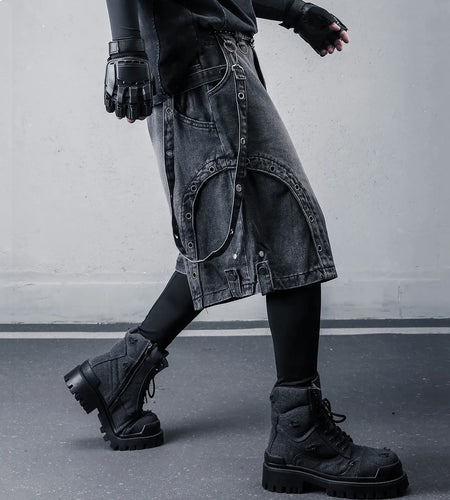 2026 Summer Washed Vintage Punk Jean Shorts With Small Pouch Style Metal Eyelets Spliced Denim Shorts