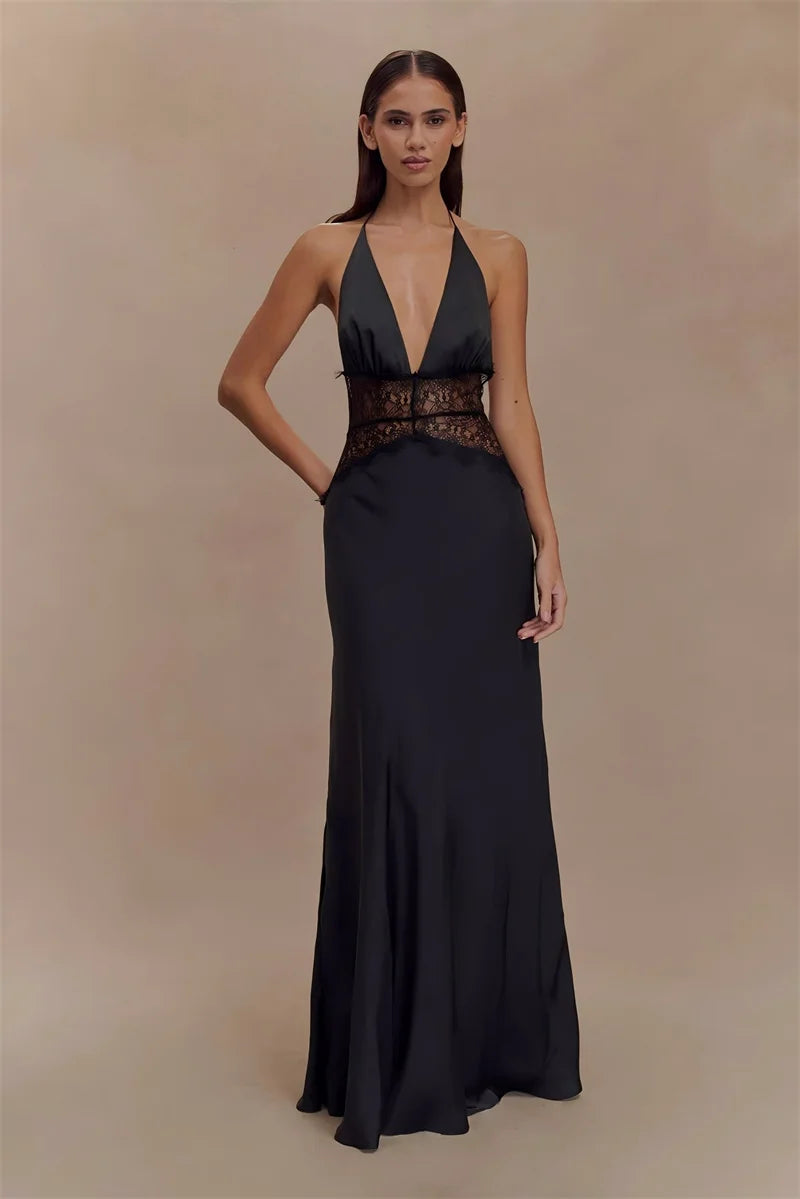 Summer Sexy Maxi Dress Women's Backless Lace Halter Deep V Neck Sleeveless High Waist Elegant Long Gown Floor-Length Polyester