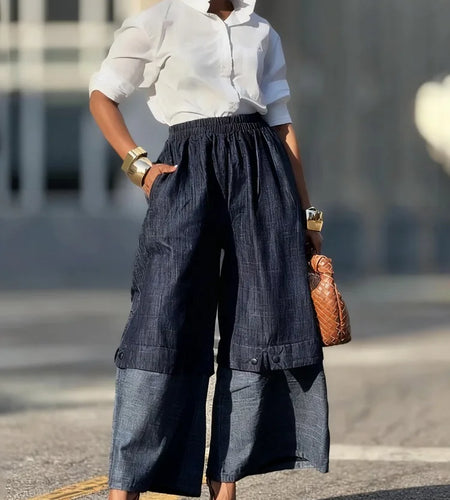 Urban Female Streetwear Layered Denim Wide Leg Pants Loose Elastic High Waisted Pockets Baggy Trousers