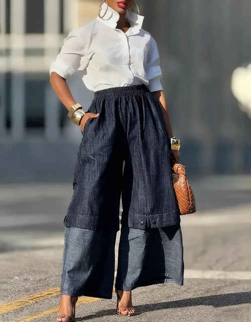 Load image into Gallery viewer, Urban Female Streetwear Layered Denim Wide Leg Pants Loose Elastic High Waisted Pockets Baggy Trousers
