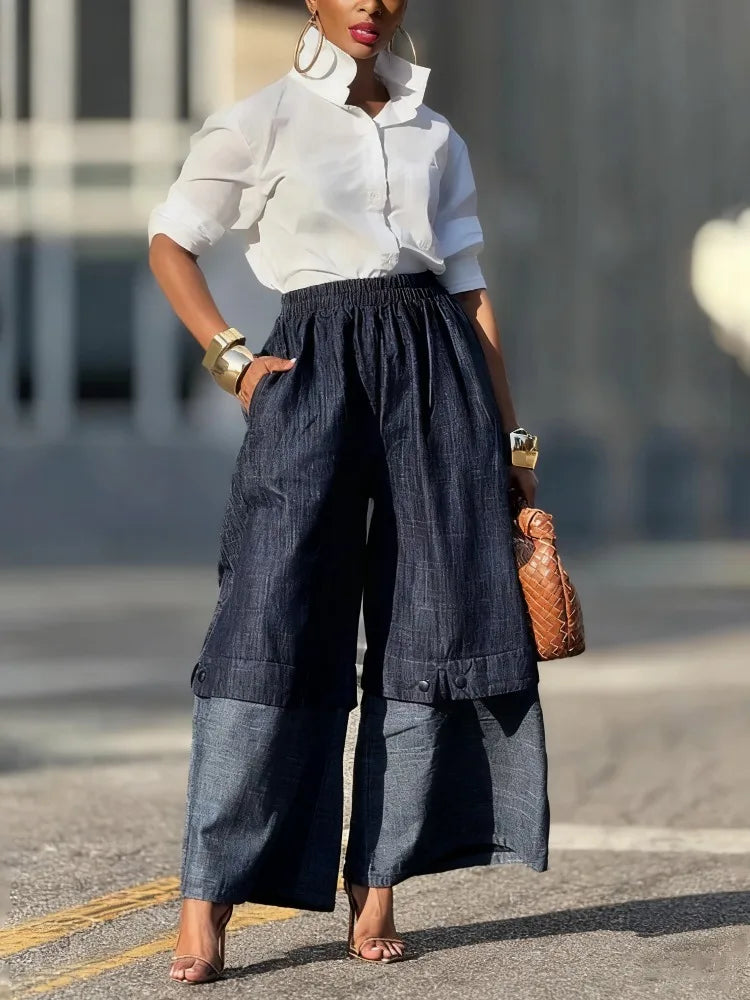 Urban Female Streetwear Layered Denim Wide Leg Pants Loose Elastic High Waisted Pockets Baggy Trousers