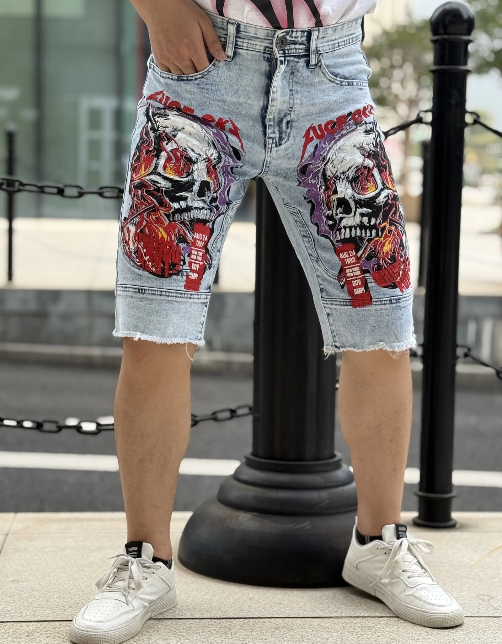 Trendy Men's Denim Shorts   Fashion Devil Print   Washed and Antique Finish   Hole and Wear Effects